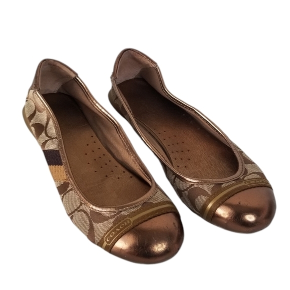 Coach Bronze Gold Canvas Logo Ballet Flats Size 6B - Picture 1 of 10